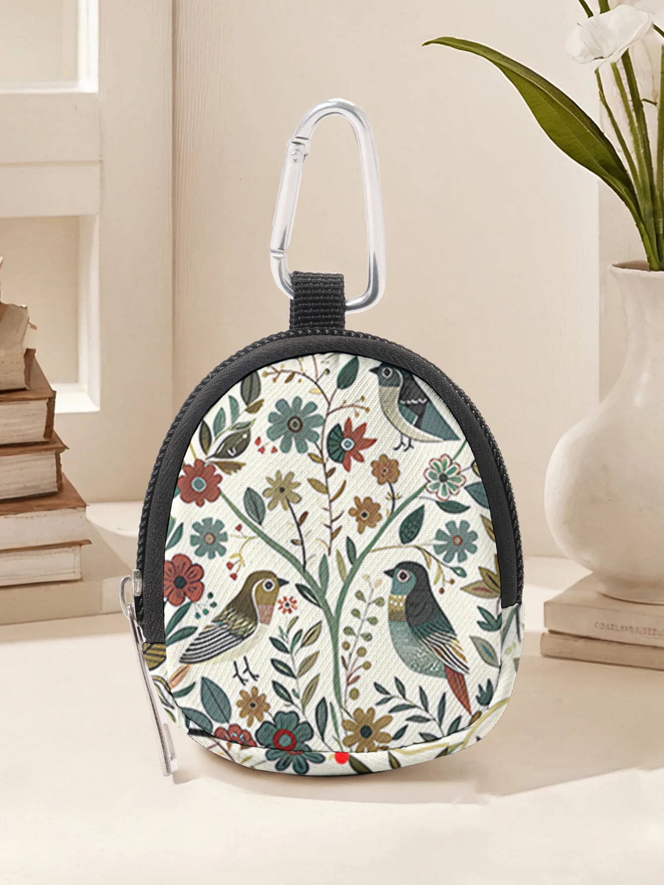 Mini pochette de rangement vintage à imprimé floral d'oiseaux avec mousqueton, porte-monnaie portable à fermeture éclair pour écouteurs, cartes, petits objets quotidiens