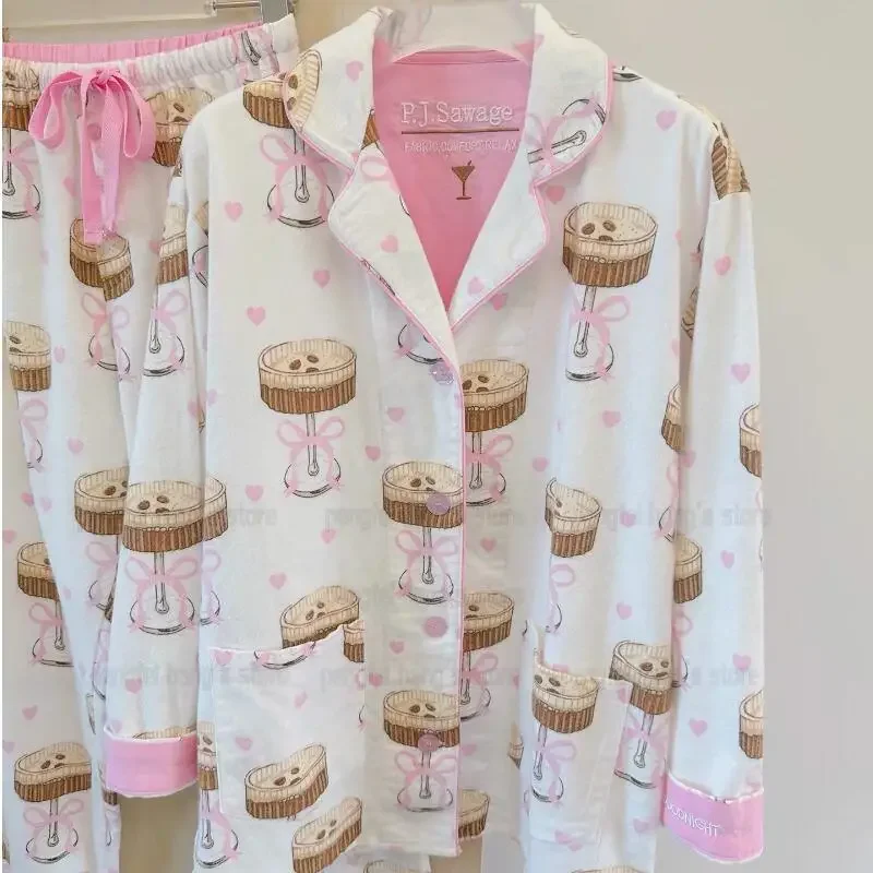 

2026 New Pajamas Suit Cotton 2 Piece Set Women Print Cartoon Nightwear Long Sleeve Trousers Set Autumn Loungewear Home Clothes