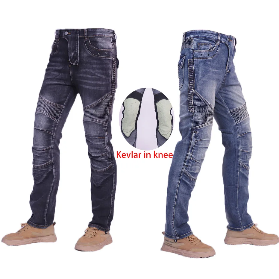 

Men Motorcycle Knee Kavlar pants jeans Blue black Motorbike Pants Aramid Fireproof wearable Casual Motocross Knee Protective