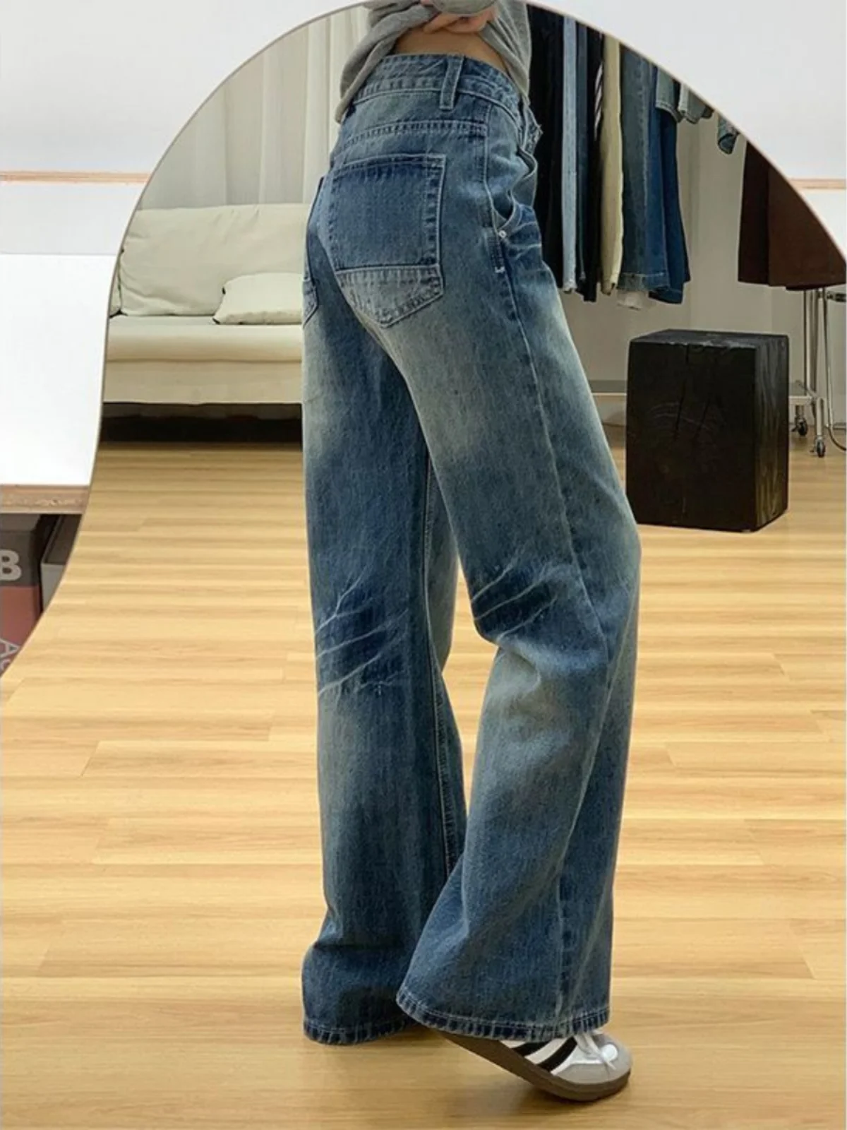 Celana Jeans Wanita Model Retro Low Waist Flared, Desain Lurus Longgar Tidak Ketat, Celana Kaki Lebar Katun Stretch Denim Musim Semi Gugur