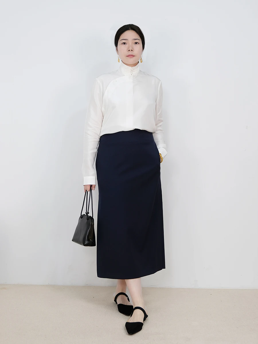 

SK Fine Wool Chinese Sle Mid-Length A-Line Skirt Women's High Waist Spring Summer New Arrival Ele Profional Skirt