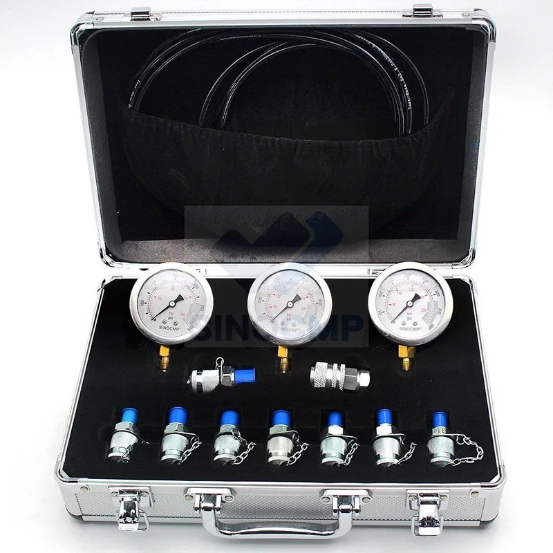 1Set Hydraulic Pressure Gauge Test Kit For Excavator Engine Hydraulic Point Tester Coupling Gold Aluminum Box Replacement Parts