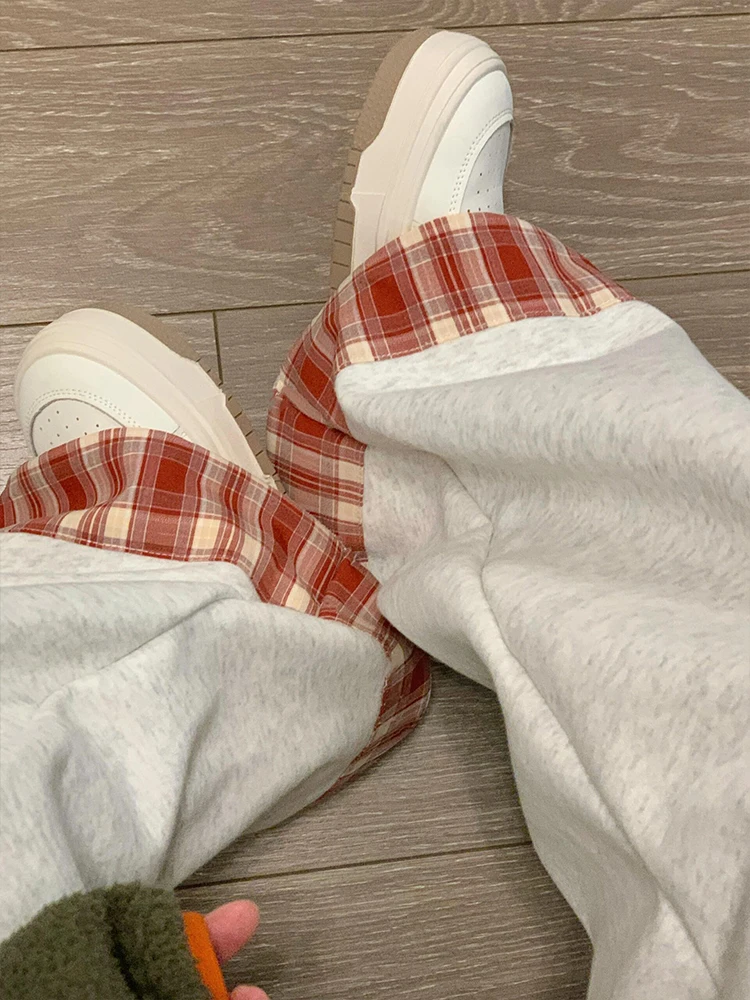 Plaid Sport Hosen Frauen Herbst Winter Wurst Hund Warme Fce Casual Lose Gerade Bein Breite Bein Hosen Hohe Taille Elastische...