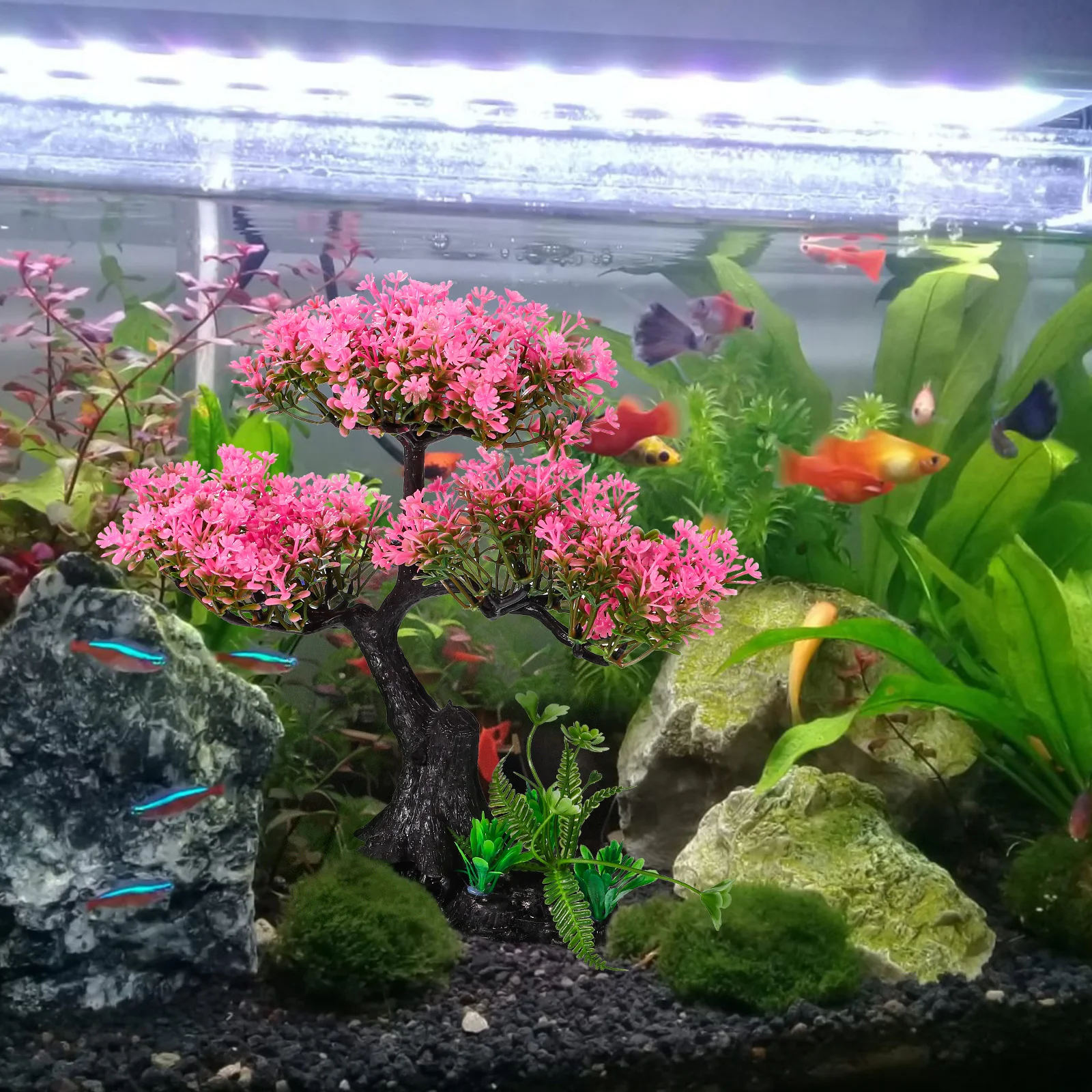 Accessori combinati per piante di simulazione per pesci rosa rosa piante d'acquario finte decorazione in plastica ufficio mini