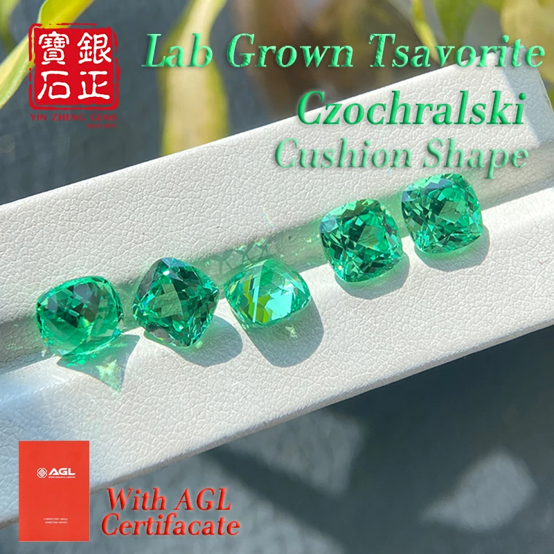 Lab Grown Tsavorite Color Yttrium Aluminum Garnet Czochralski Loose Gemstone Cushion Cut For Jewelry Making With AGL Certificate