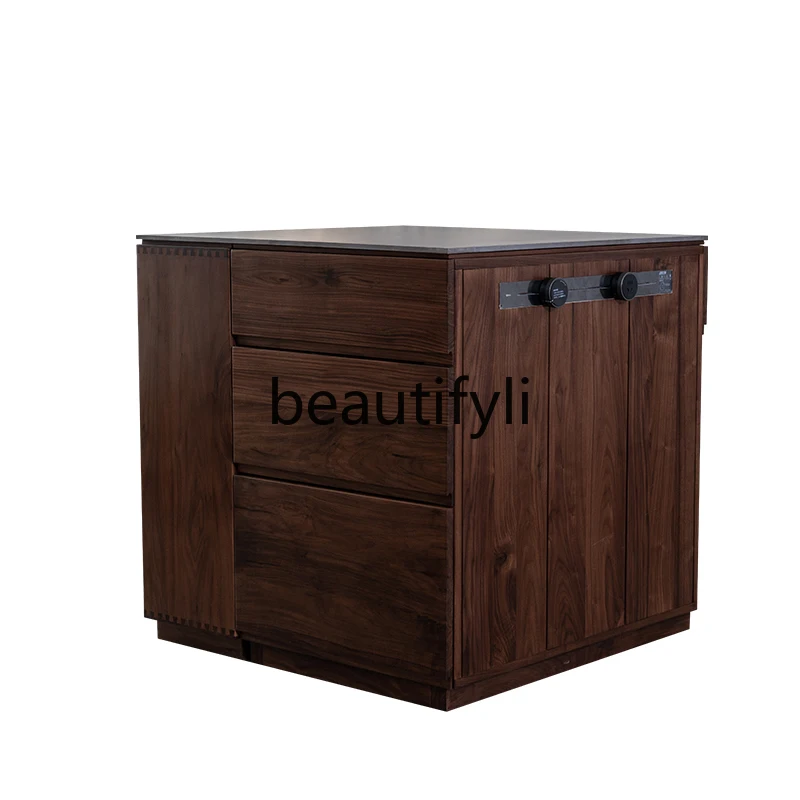 

Restaurant Nakajima island with separate rock slab solid wood island dining table, mobile black walnut kitchen storage