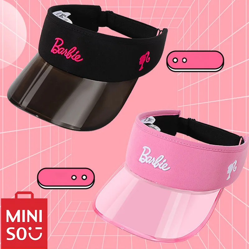 MINISO Cute Barbie Fashion Sun Hats Kawaii Pink Girl Heart Summer Ventilate Empty Roof Pvc Sunscreen Hat Creative Birthday Gift