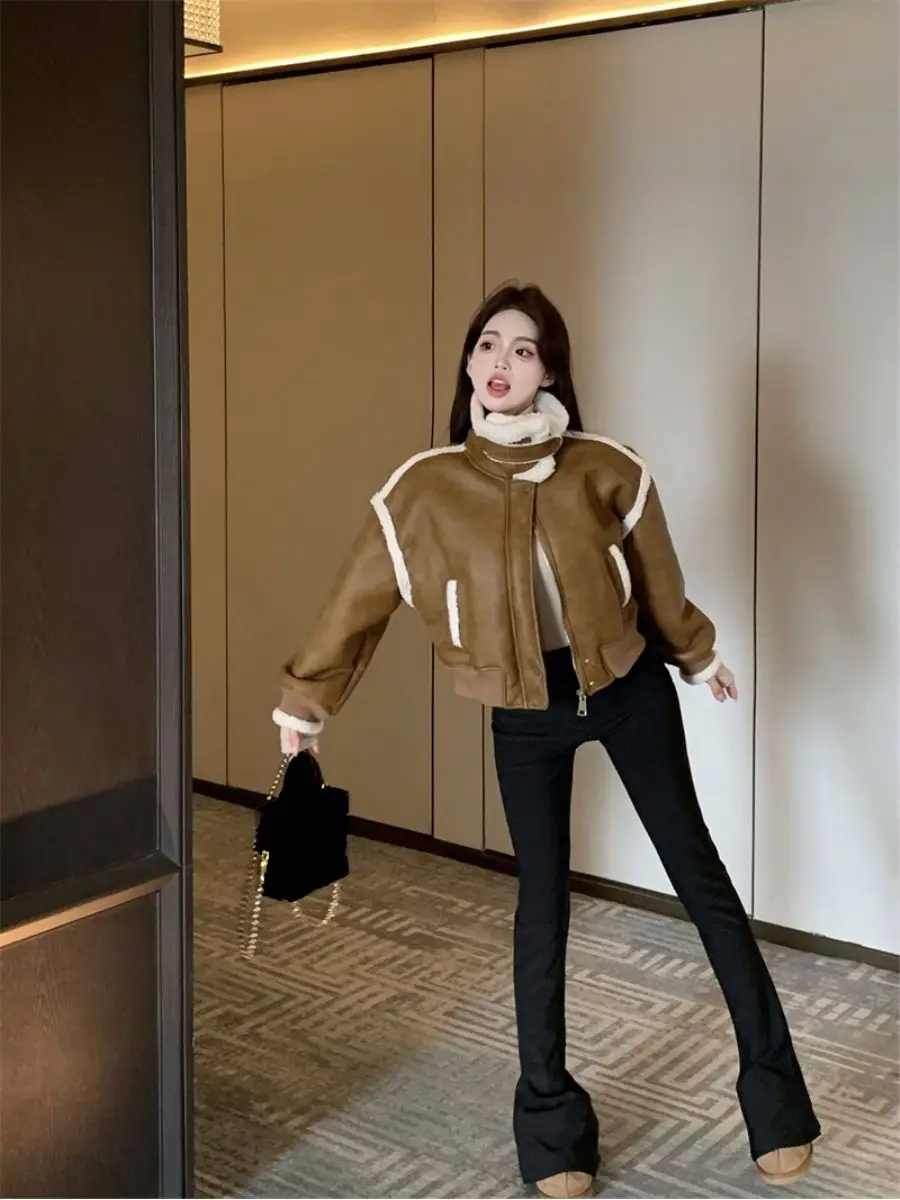 2024 Winter Nieuwe Vrouwen Tops Jasje Lamswol Splitsen Kraag Lange Mouw Rits Korte Jassen Dames Kleding