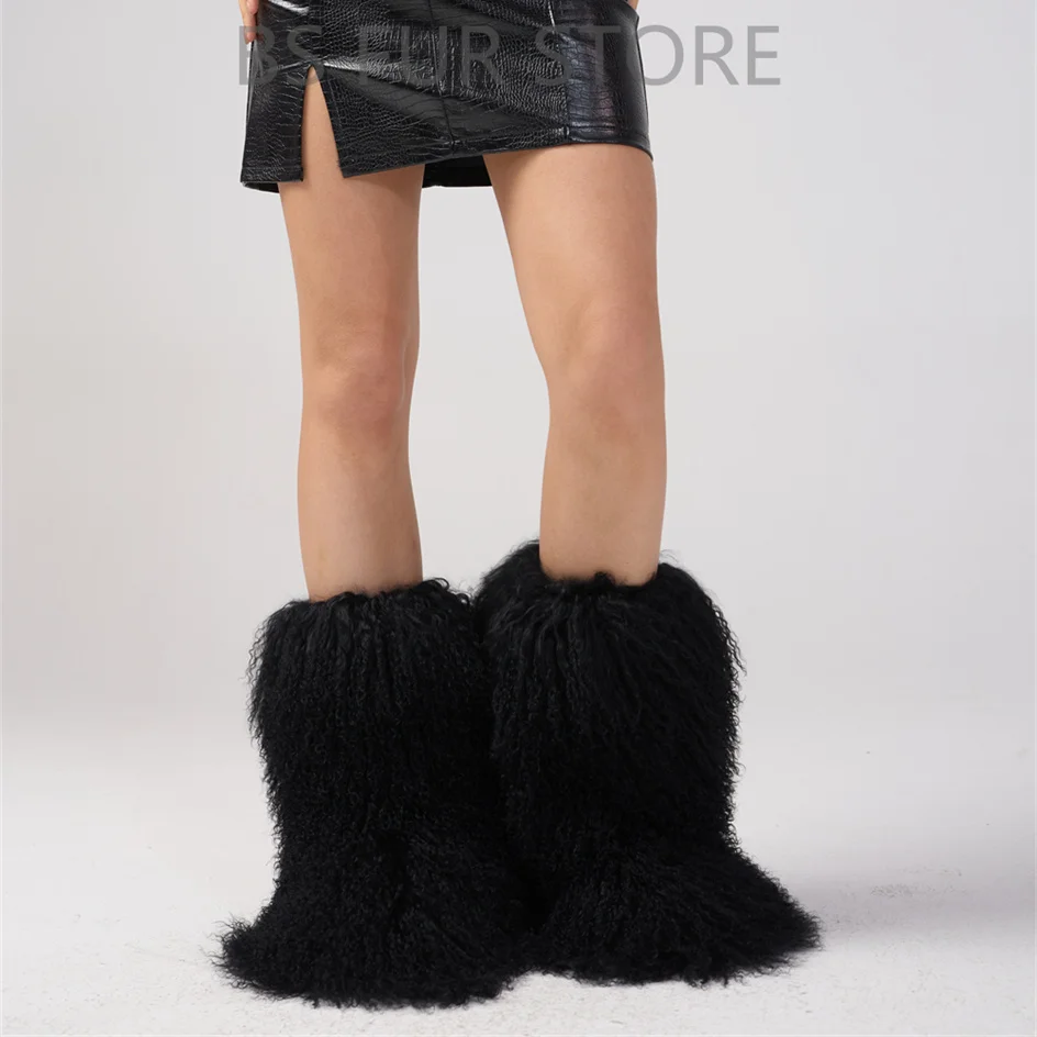 

Super Shaggy Real Mongolian Fur Women Snow Boots Outdoor Winter Mid Long Mongolian Fur Snow Boots
