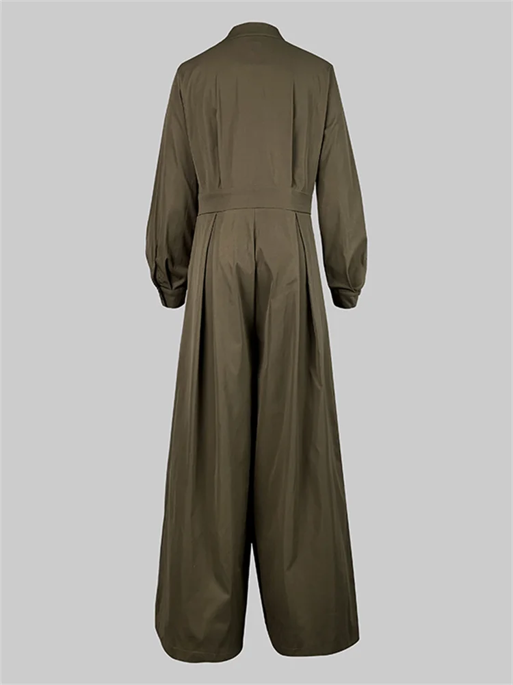 UOOZEE 2026 New Female Fashion High Waisted Wide Leg Jumpsuits Spring Long Sleeves Loose Buttoned V-Neck Office Jump Suits