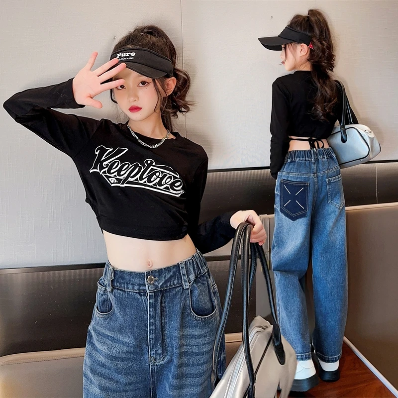 

Kids Black T Shirt Girls Crop Top Long Sleeve T Shirt Streetwear Clothes Teenager Children Spring Fall Costume 4 6 8 10 12 14 Y