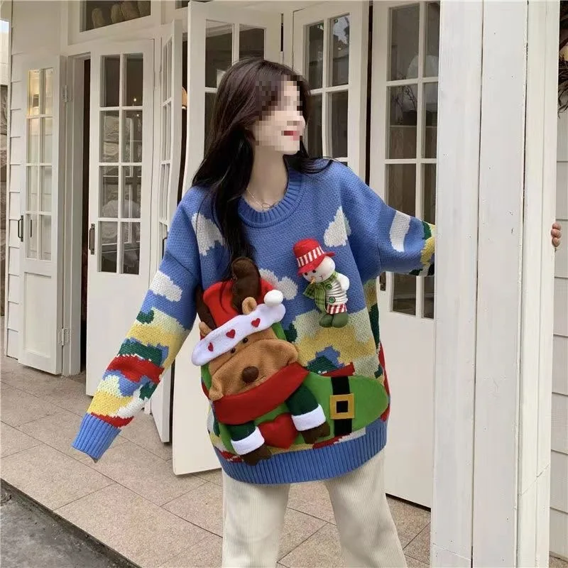 

New Hot Christmas Elk Sweater Female Loose Outerwear Lazy Wind Thicken Coat Autumn and Winter Tops Knitwear Pullover Red Cute