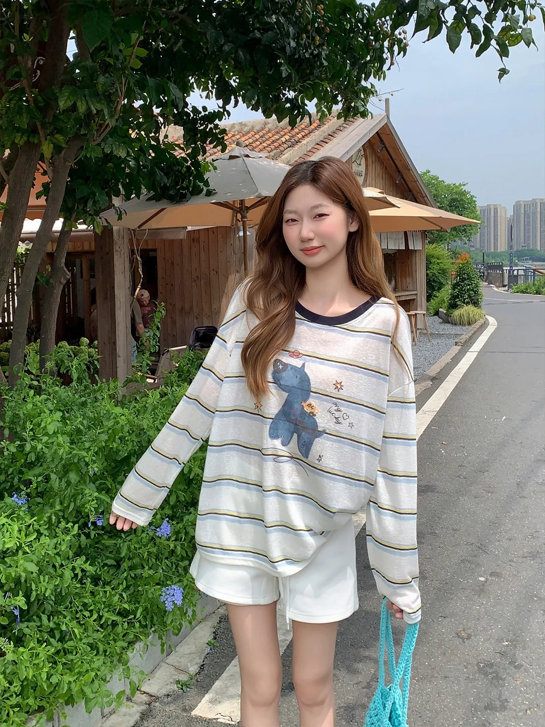 Sweet And Spicy Cartoon Dog Stripe Sun Protection T-Shirt Women's Summer Lazy Loose Semi-Transparent Anti-Aging Long Sleeve T...