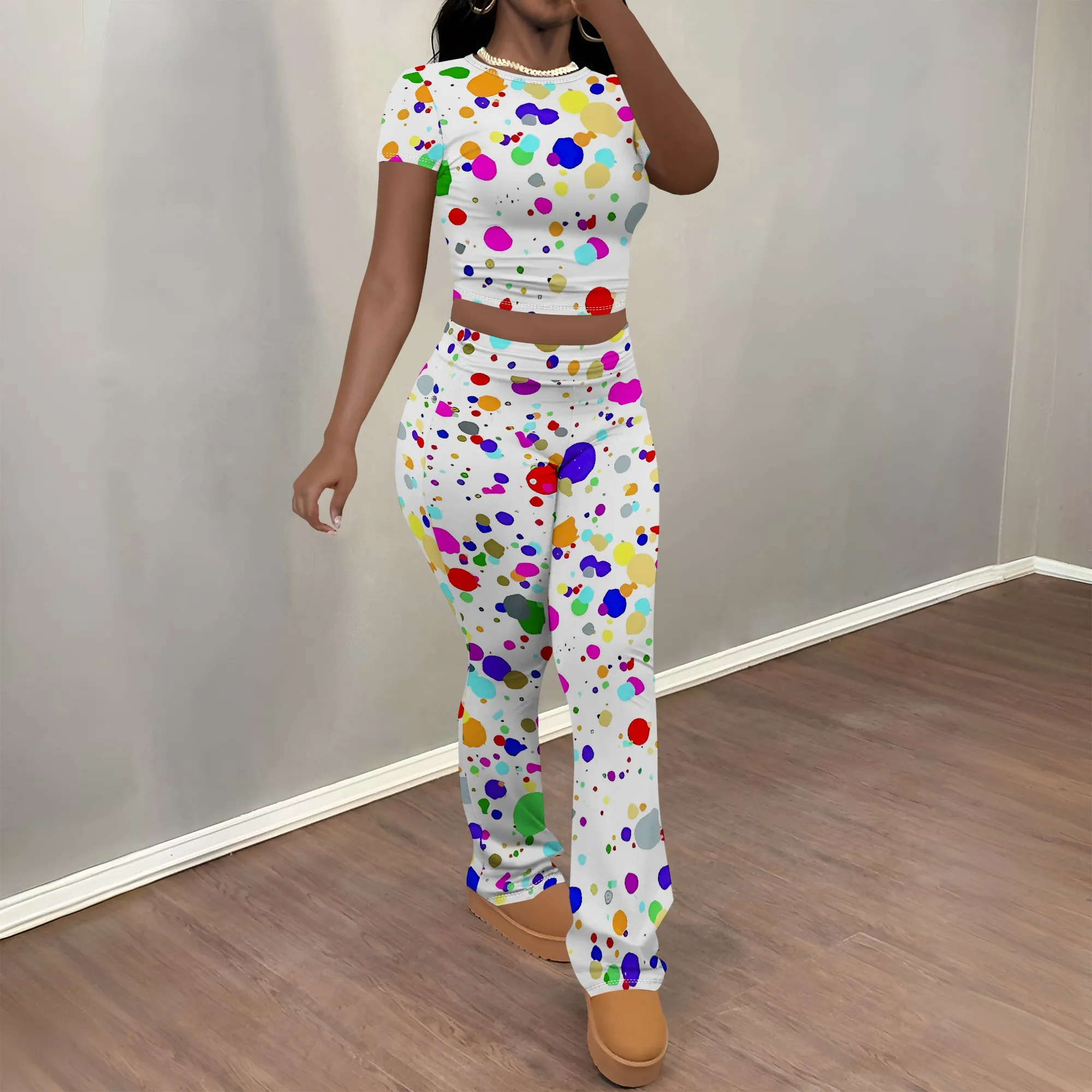 

Nupusa Color Splash Print Two - Piece Set for Women Standard Size Summer Casual Crew Neck Short Sleeve Outfit