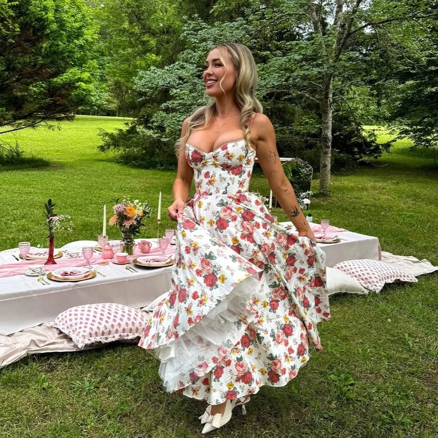 Suninheart Sommer-elegantes Midikleid mit Spaghettiträgern, 2025, Blumendruck, Tüllkleid, sexy Korsettkleid für Hochzeitsgäste, Party