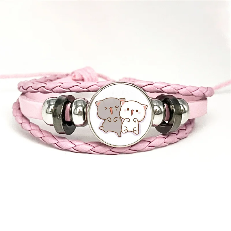 Pulsera de cuero rojo para pareja, brazalete multicapa con botón de cabujón de cristal, bonito gato Mitao rosa, regalo