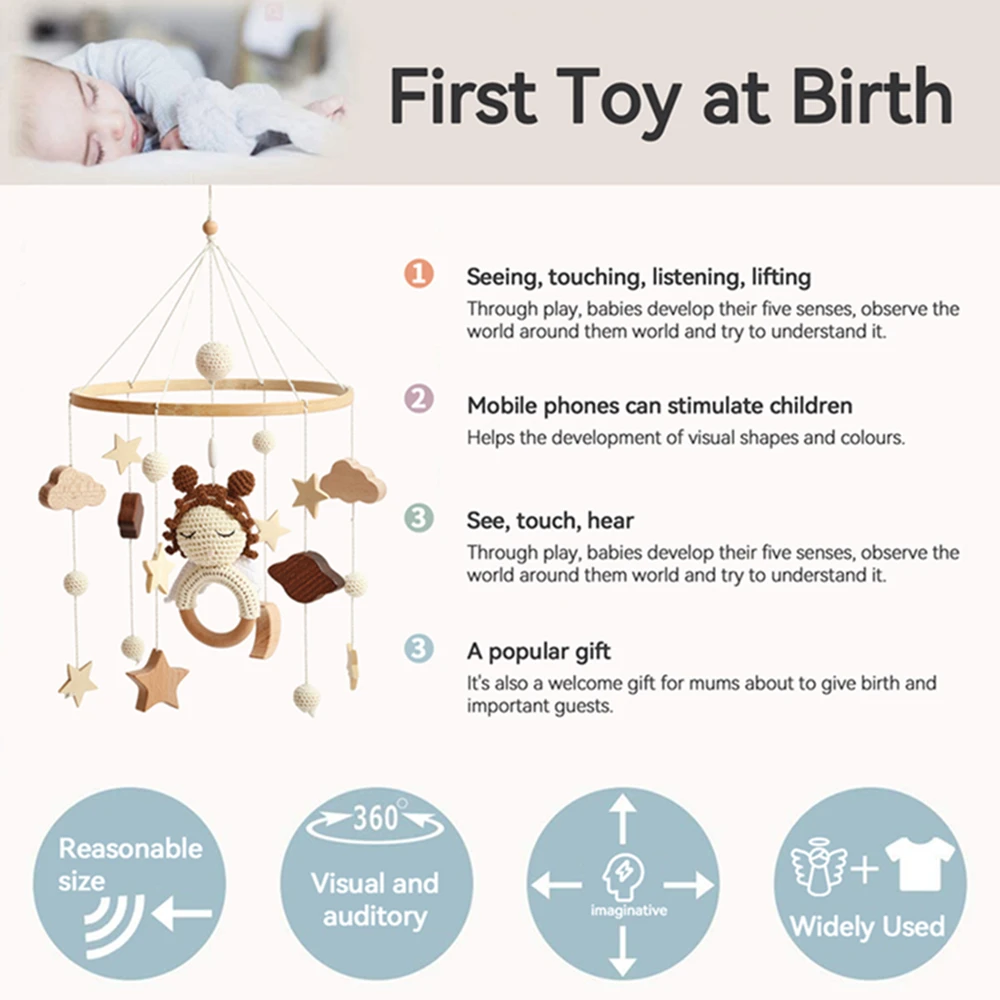 Baby Mobile Crib Bed Bell Angel Rattles Wooden Cartoon Crochet Hanging Pendant for Newborn Bracket Montessori Education Toys