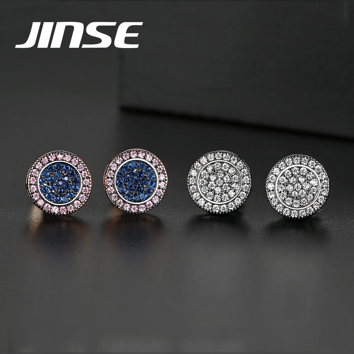 JINSE Punk Blue Cubic Zirconia Men\'s Stud Earrings Round Geometric Multicolor Charm CZ Stone Iced Earrings Hip Hop Jewelry Gift