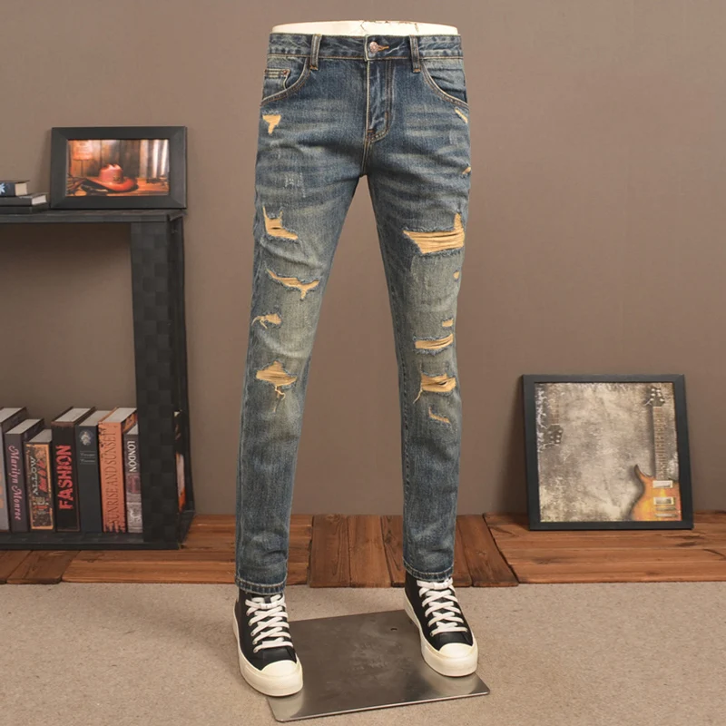 

Street Designer Fashion Men Jeans Retro Washed Blue Stretch Slim Fit Patched Ripped Jeans Men Y2K Vintage Denim Pants Hombre