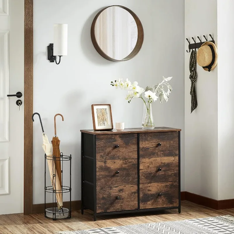 Dresser for Bedroom, Chest of Drawers, 6 Drawer Dresser, Wardrobe Fabric Dresser with Metal Frame, Wooden Top and Front, Brown