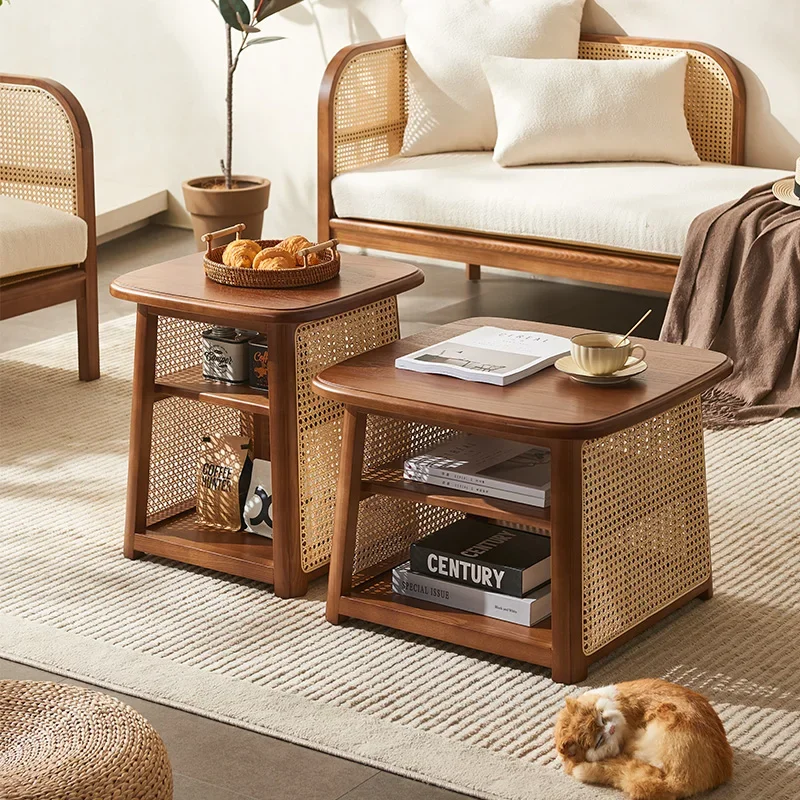 

Nordic square coffee table size high and low combination wabi-**** wind retro solid wood rattan square edge few Japanese-style s