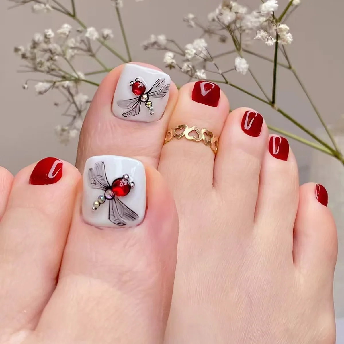 

24pcs Wine Red Toe Press-Ons - Glitter Dragonfly Accents Medium Square Shape (Multi Sizes) False Nails With Wearing Tools