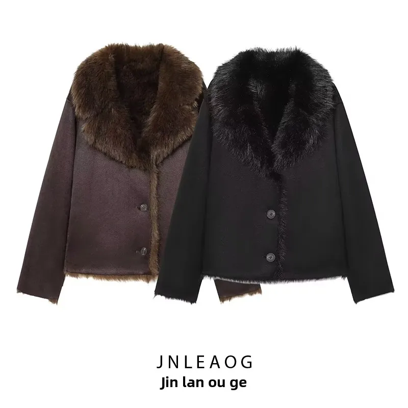 เสื้อโค้ทขนเฟอร์เทียมสองด้านแฟชั่น JNLEAOG สำหรับผู้หญิง รุ่นใหม่ประจำฤดูใบไม้ร่วง ผ้าโพลีเอสเตอร์ เข้าได้กับทุกชุด