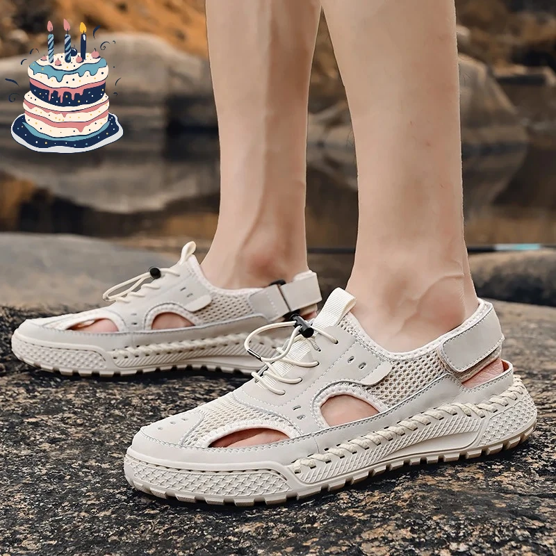 

Sandals men's tide summer new style leather toe cap outdoor leisure sports hollow sandals beach shoes Handmade mesh men shoes