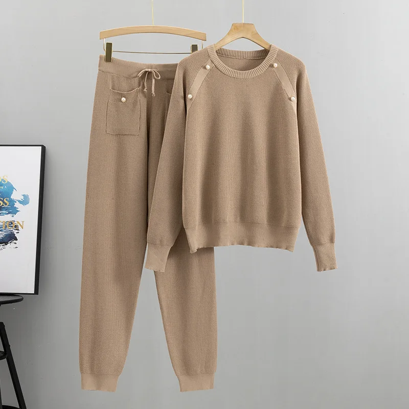 Simple Sweater Suits for Women Beading Solid Pullover Knitting Shirt+Elastic Waist Sweaterpants 2pcs Female Warm Clothing Sets