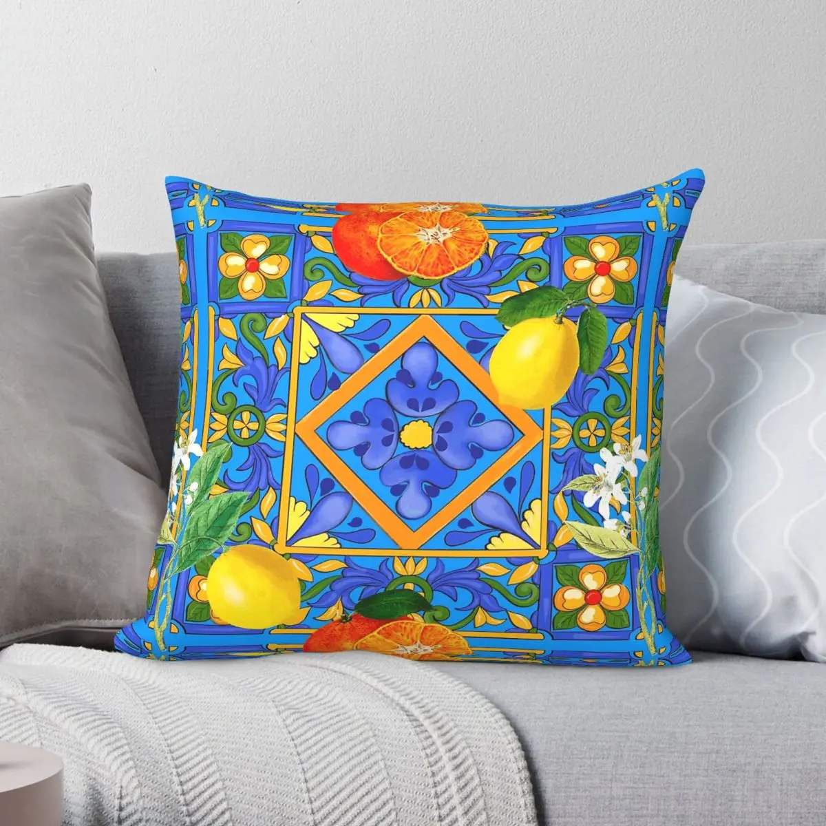 Summer Sicilian Tiles Citrus Lemons Pillowcase Polyester Linen Velvet Printed Zip Decor Throw Pillow Case Home Cushion 45x45