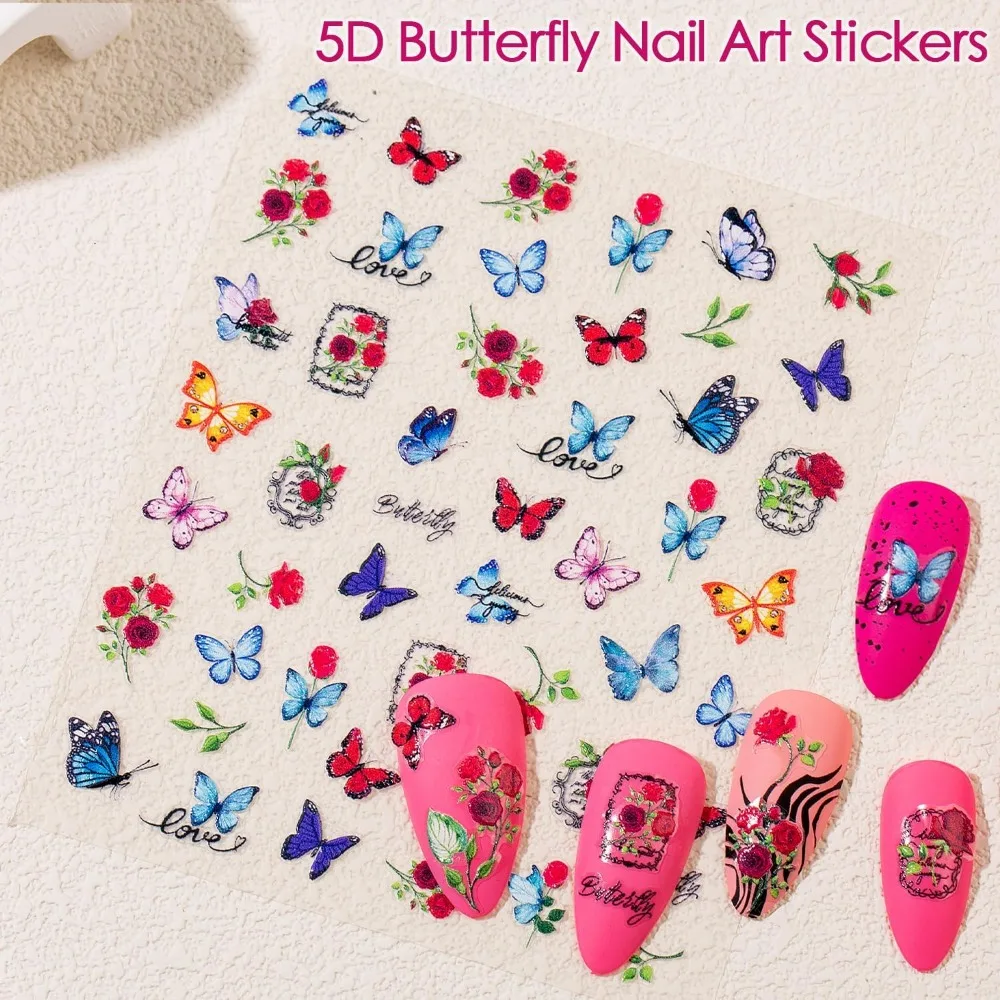 Summer Gel Nail Stickers for Nail Art Designs Adhesive 3D Floral Embossed Decals 4 Sheets Cute 5D Flower Polish Design Stickers Kit for Women Girls Kids DIY Manicure with Nail Art Tweezers Long Lasting Waterproof Nail view 4