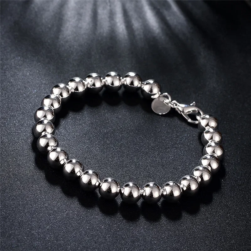 

925 Sterling Silver 8mm Beads Chain Bracelets For Woman Men Luxury Fashion Party Wedding Accessories Jewelry Christmas Gifts