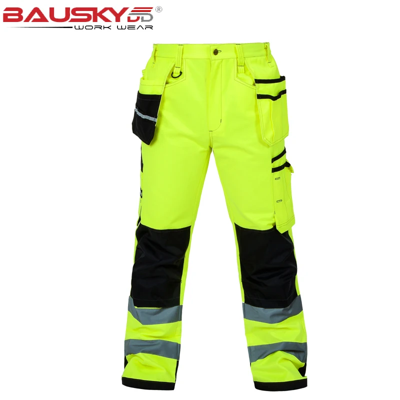 Bauskydd Mens Male Durable Workwear Multi-pocket Reflective Trousers with Knee Pads for Work Safety Working Pants