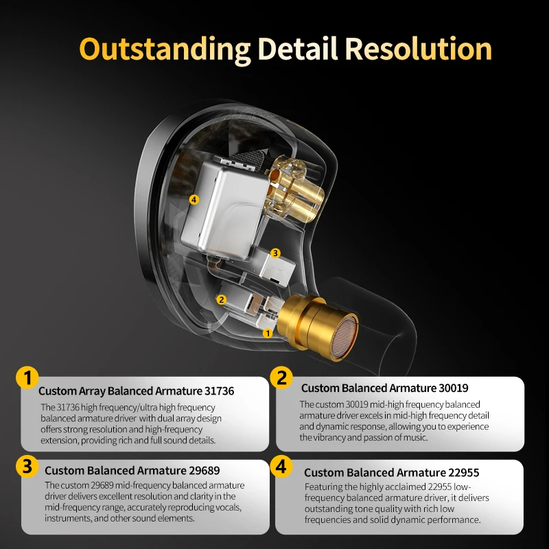 KZ AS10 PRO HiFi Headphone 5BA Hybrid Driver Bass Stereo Noise Isolation In Ear IEM Wired Earbuds with Detachable Audio Cable