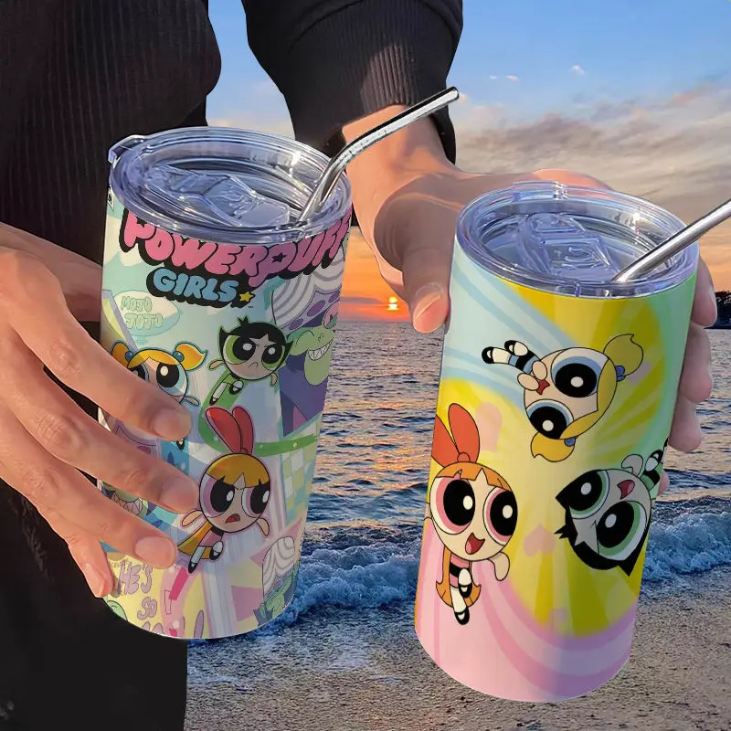 Cute Powerpuff Girl cartoon kawaii coffee cup high-looking stainless steel thermos cup office straw accompanying water cup gift