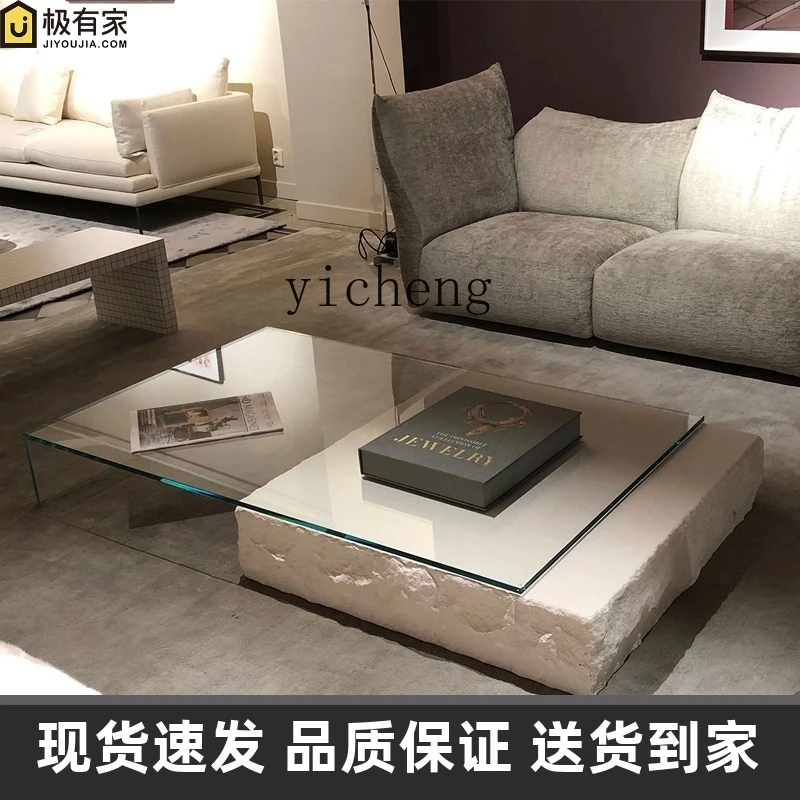 Tqh Light Luxury Modern Wind Tunnel Stone Endtable Living Room Home Glass Designer Creative Square Tea Table