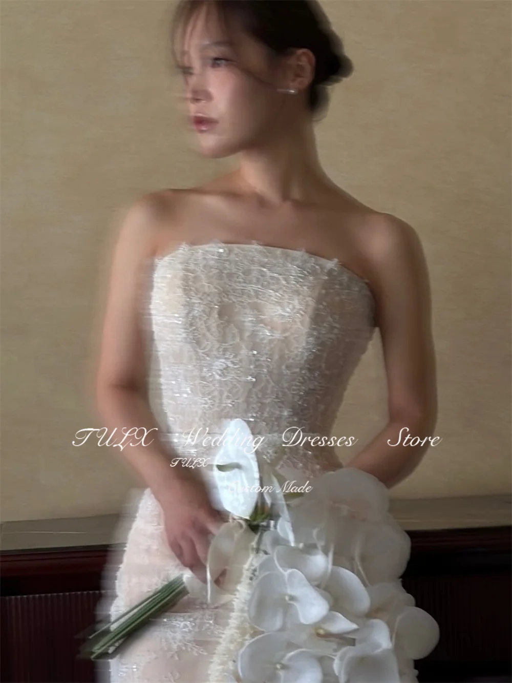 TULX Luxury Sparkly Lace Wedding Dress Korea Photo Shoot Strapless Mermaid Long Bridal Gowns Corset Customized 웨딩드레스 2025