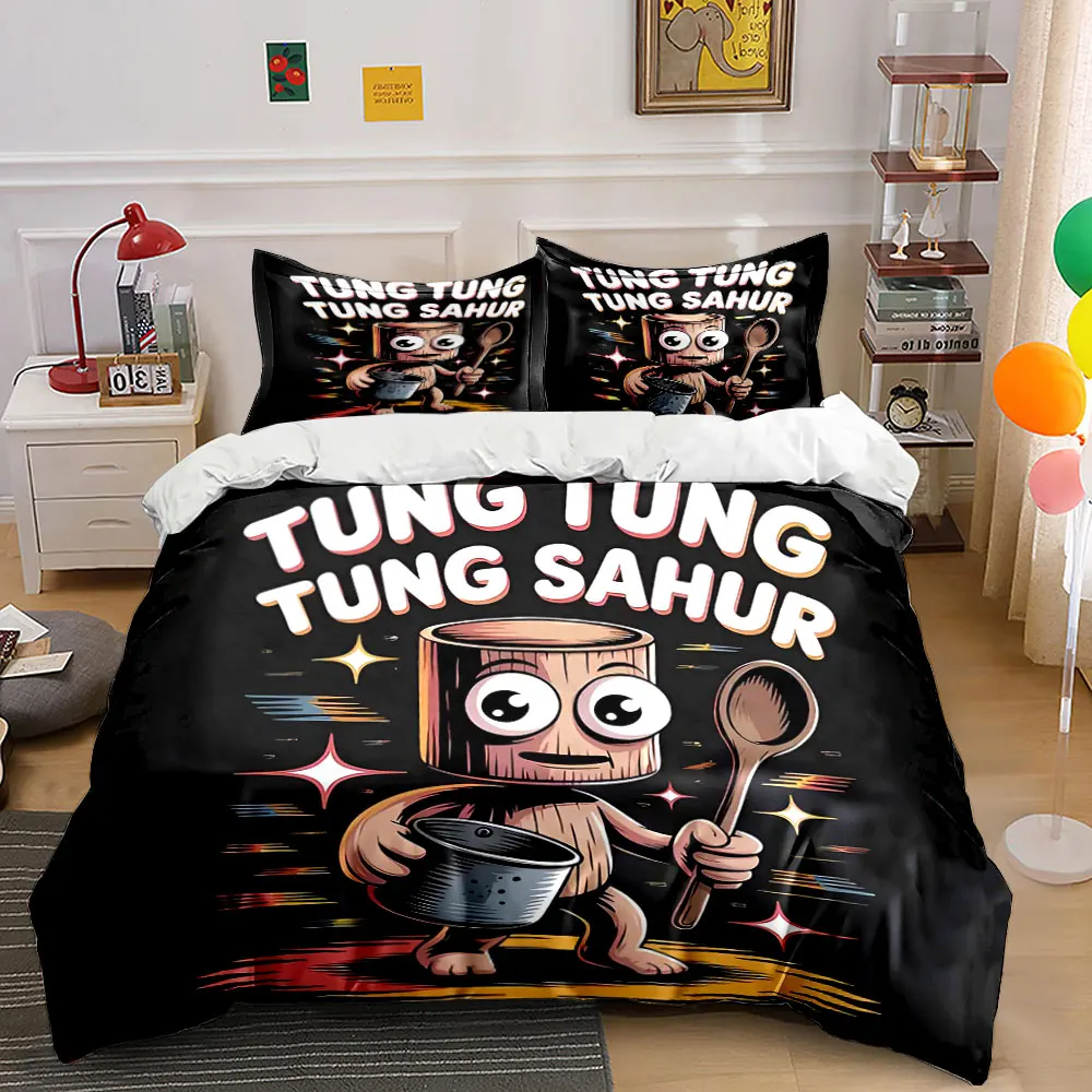 

3Pcs Funny Wooden Man With Spoon Duvet Cover Set, Tung Tung Sahur Cartoon Black Bedding Single Double King Queen, Gift