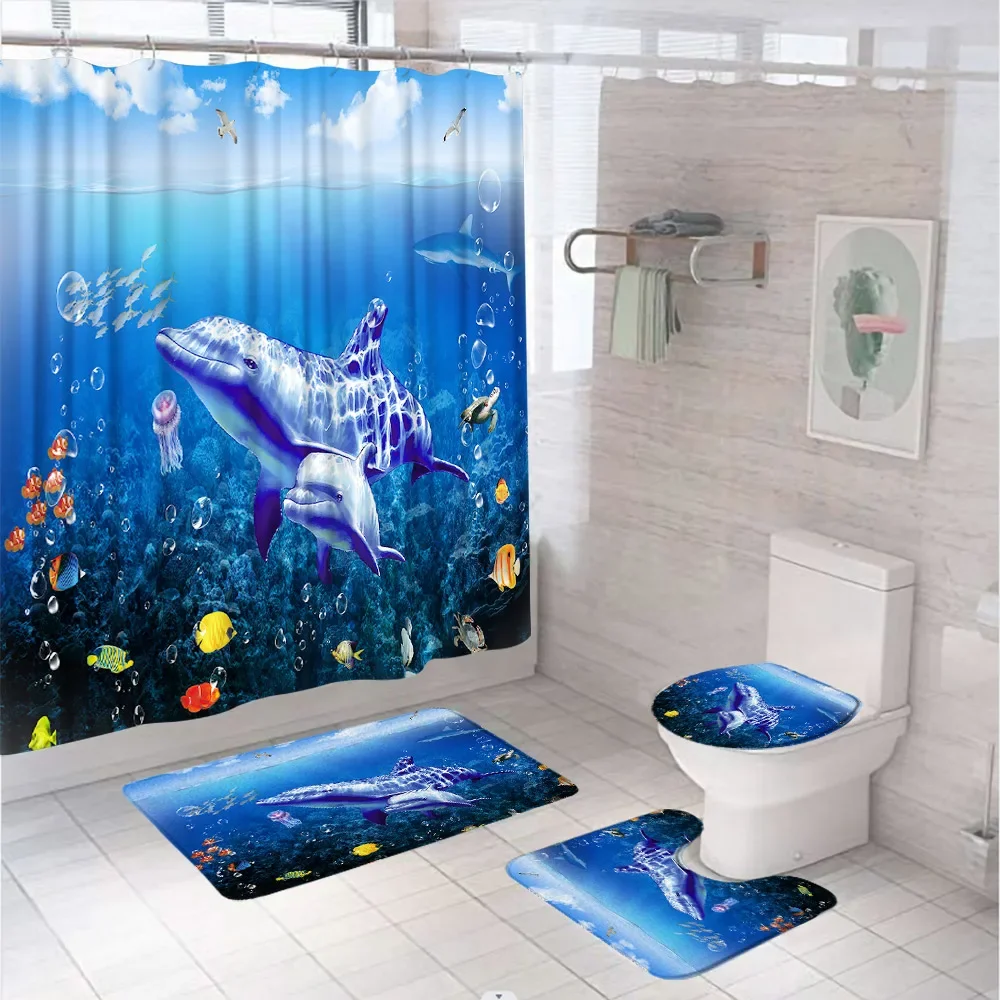 Colorful Jellyfish Shower Curtain Sets Dolphin Octopus Ocean Animal Underwater Fish Bathroom Curtains Bath Mat Rug Toilet Cover