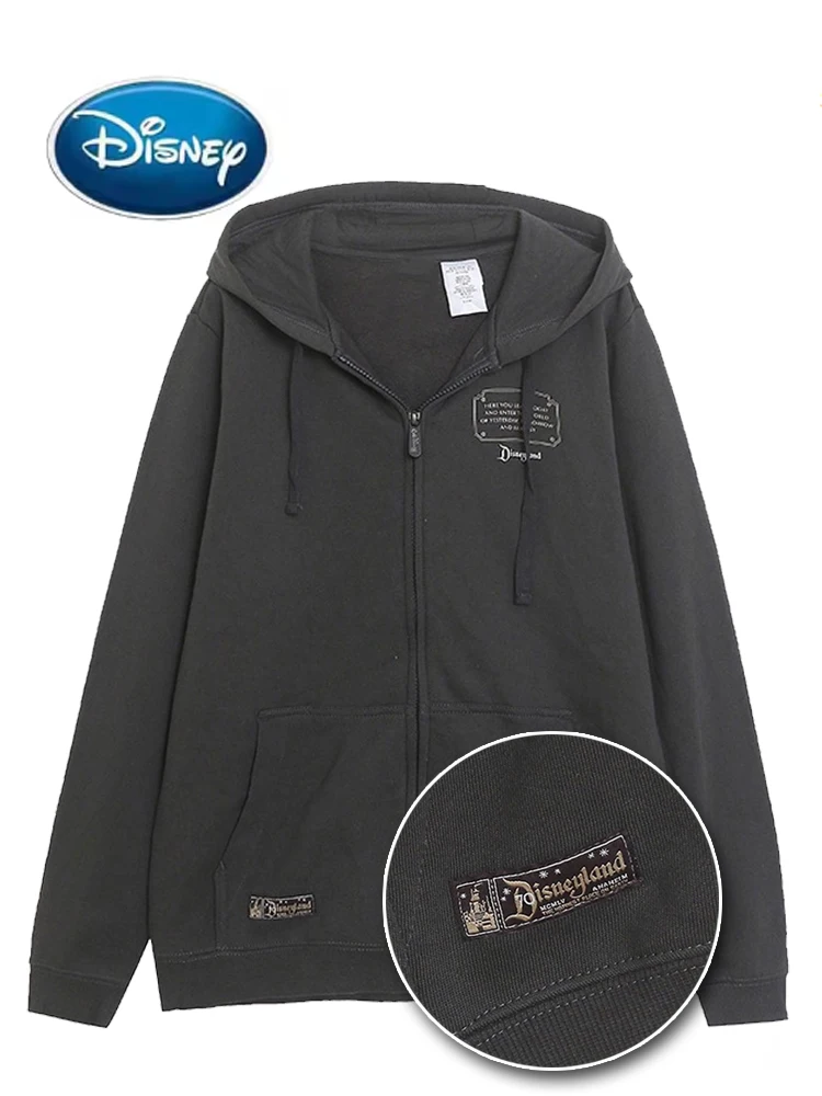 Sudadera de lana de Disney con estampado de letras de Disneyland, moda para mujer, con capucha, manga larga, camiseta con cremallera, Jersey, Top negro, Unisex, pareja 2025
