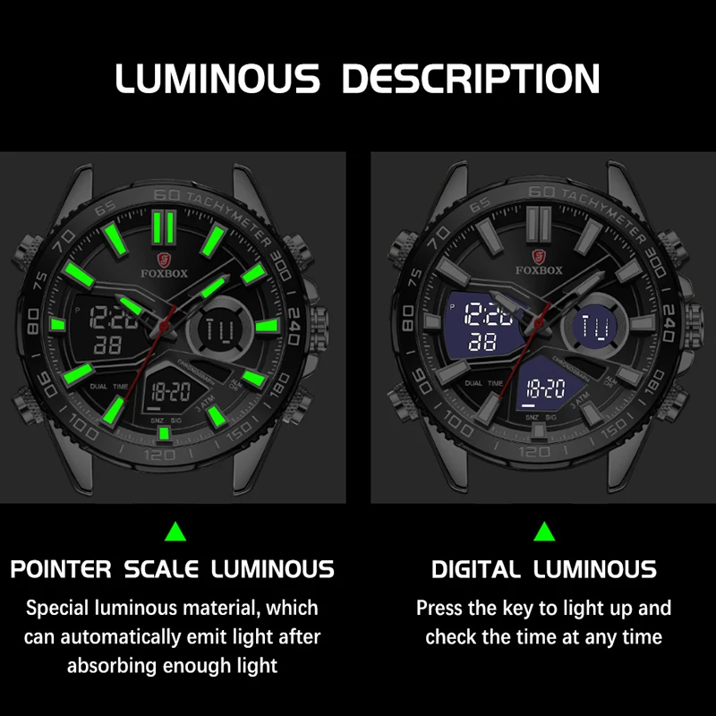 FOXBOX New Fashion Sport Men's Wrist Watch Digital Waterproof Quartz Chronograph Stainless Steel Clock Male Relogio Masculino