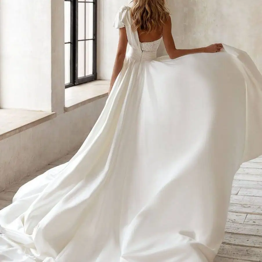 Vestido de novia corto de diamantes para mujer, mono de un hombro con lazo, Espalda descubierta, tren desmontable, vestido de novia Simple y