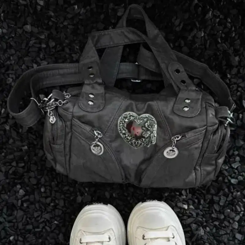 Y2Kwomen Large Capacity Single Shoulder Crossbody Bag Retro Motorcycle Street Trend Sweet Cool Style Mixed With Rivet Decoration