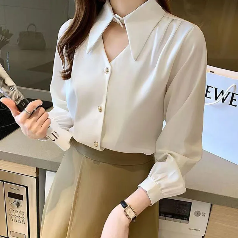 Biyaby Fashion Sharp Corner Lapel Women Shirts 2022 Autumn All-Match Long-Sleeved Blouse Ladies Elegant Hollow Out Button Shirt