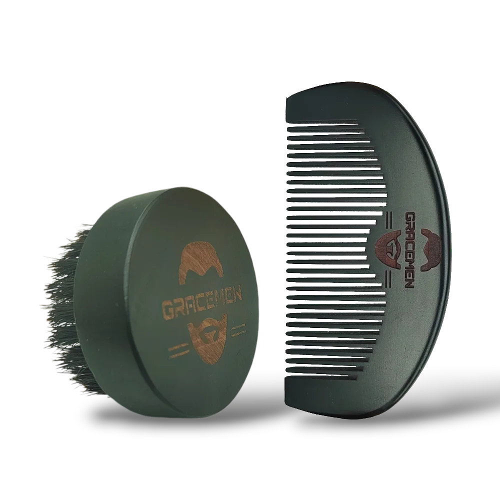 The Gracemen 2pcs/Set Black Hair Comb And Rounded  Brush Set for Men  Soft Boar Bristles Brush and Wood Comb Mini Brush &Comb