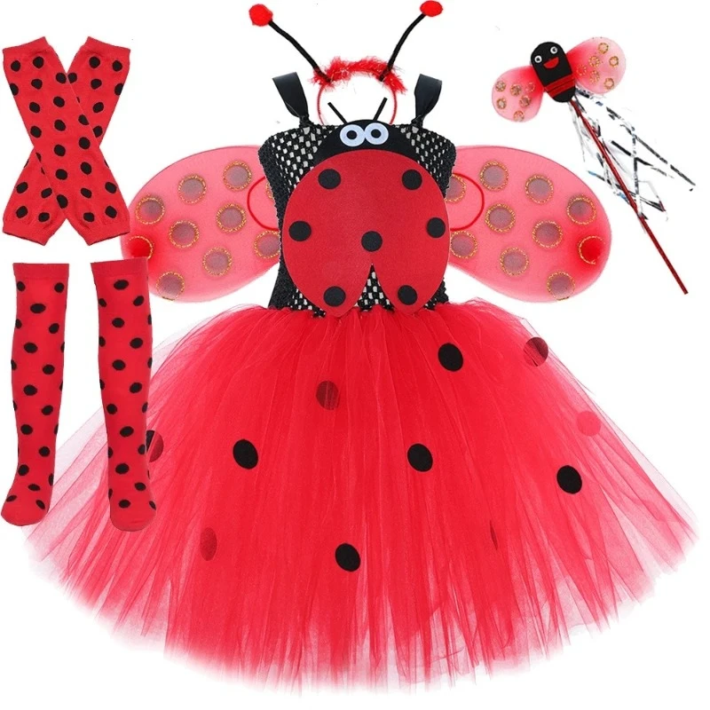 Girls for Ladybug Costume Halloween Birthday Party Dress Up Clothes Toddler Kids Ladybird Lady Bug Tutu Dress with Beetle Wings