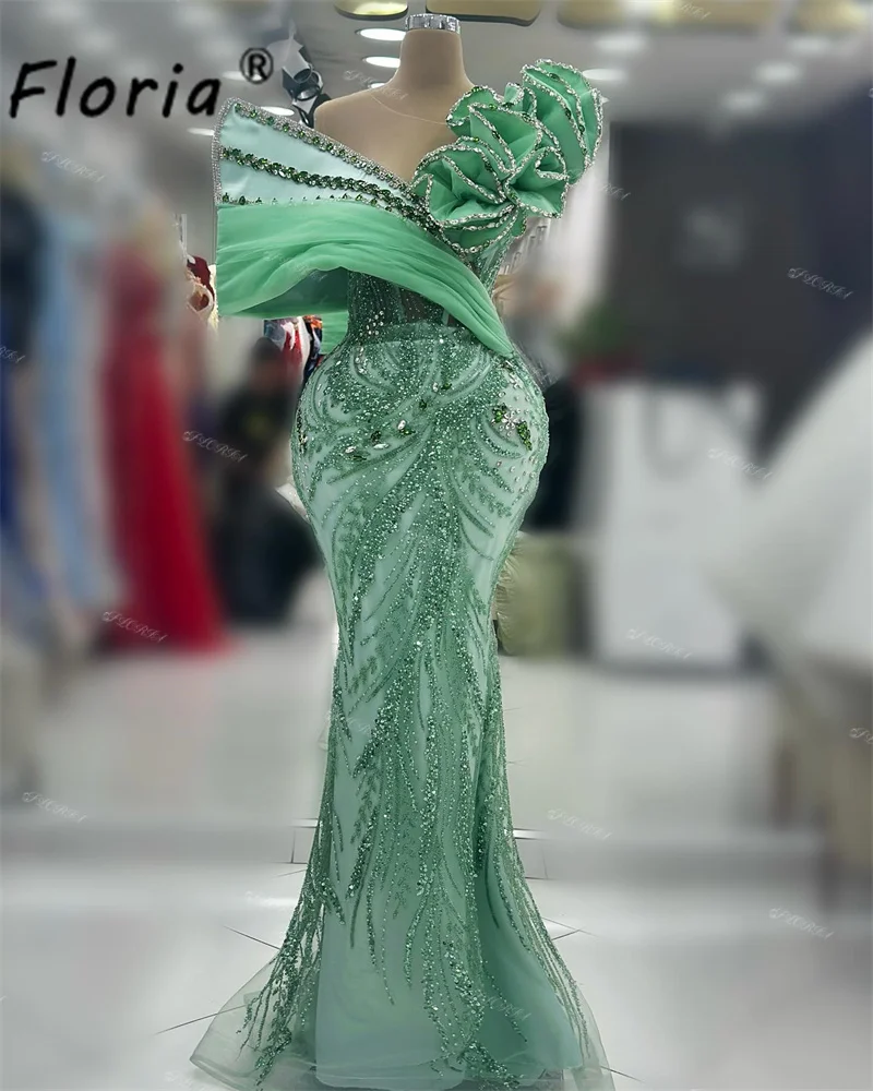 Elegant Green Dubai Mermaid Special Occasion Dress Custom Made Beaded Arabic Ruffles Evening Party Gowns Celebrity Formal Dress