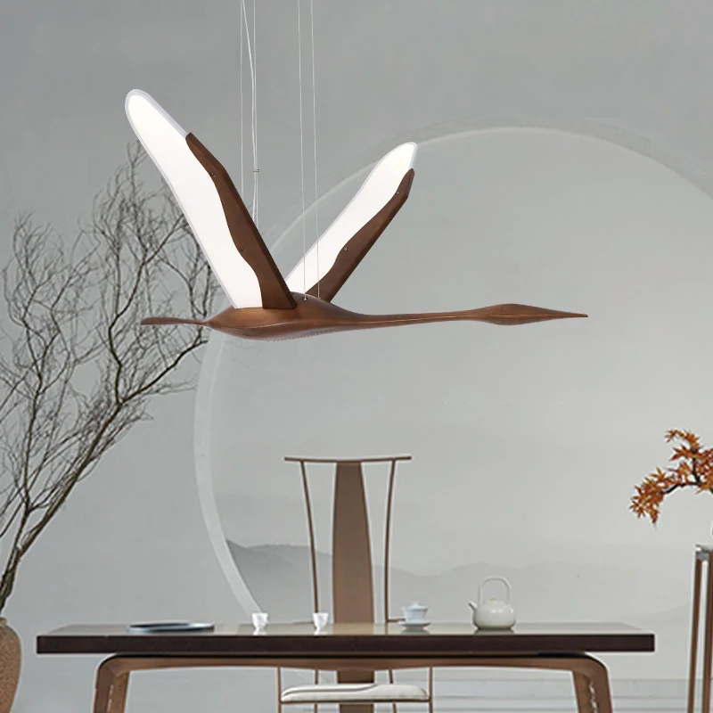 Chinese Style Solid Wood Goose Swan LED Pendant Lights Indoor Decor Hanging Lamps Dining Living Room Lighting Acrylic lampshade
