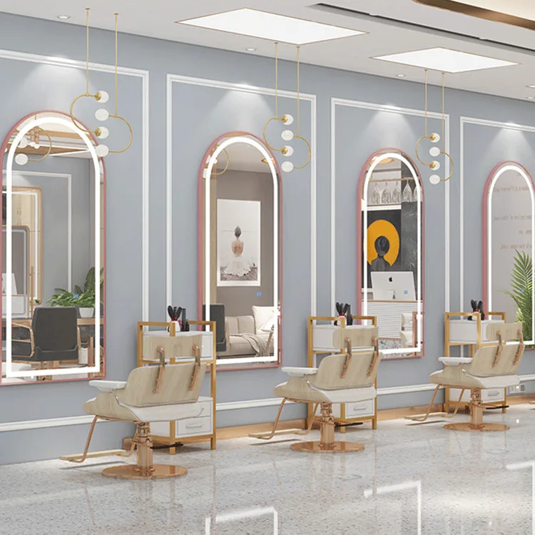 Alta qualidade barbeiro piso de cabelo vertical grande espelho led salão beleza espelho salão preto e ouro cabeleireiro móveis