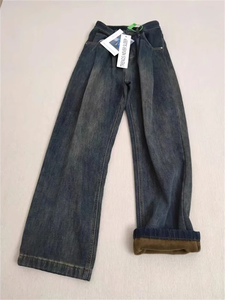 

plus Size Thickened Fleece High Waist Wide Leg Jeans Women's Winter Loose Fit Straight Cut Floor-Length Trousers Casual Style